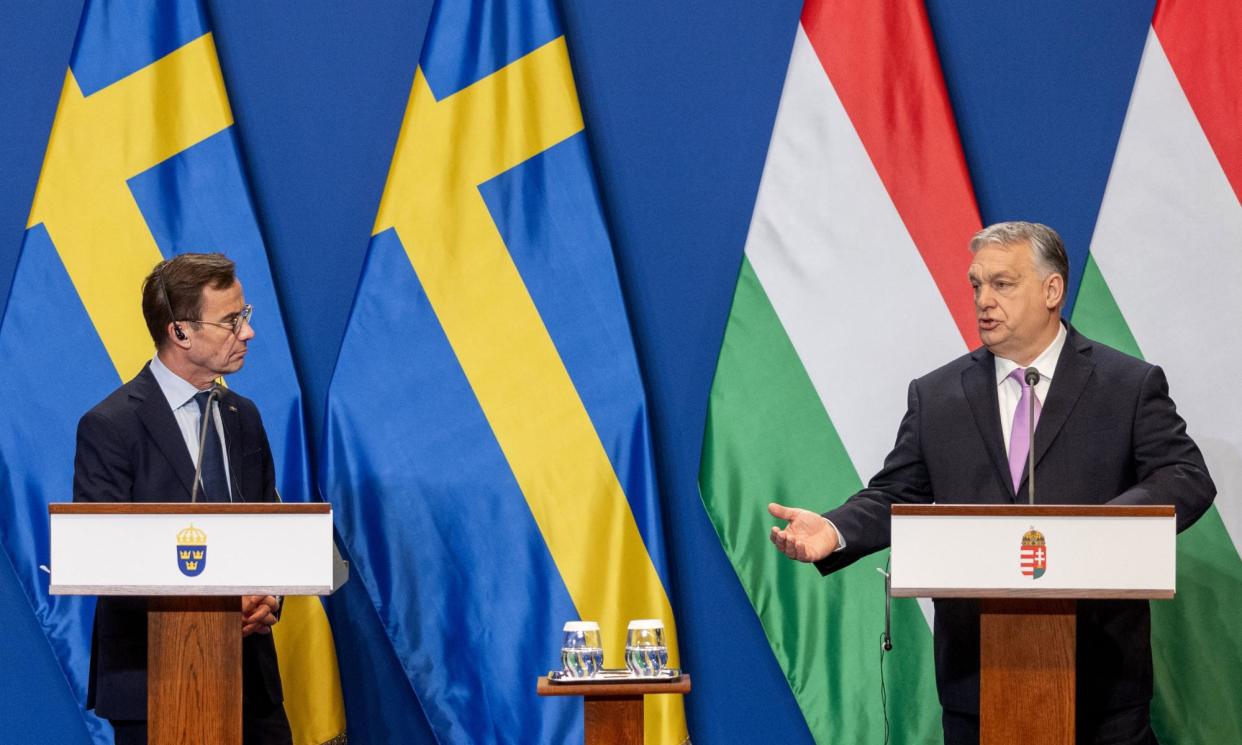 <span>The Swedish prime minister, Ulf Kristersson, with the Hungarian prime minister, Viktor Orbán, in Budapest last week.</span><span>Photograph: János Kummer/Getty Images</span>