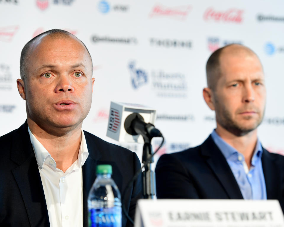 U.S. Soccer sporting director Earnie Stewart (left) and U.S. men's national team head coach Gregg Berhalter had both been involved in the planning of a January camp in Qatar. (Sarah Stier/Getty Images)