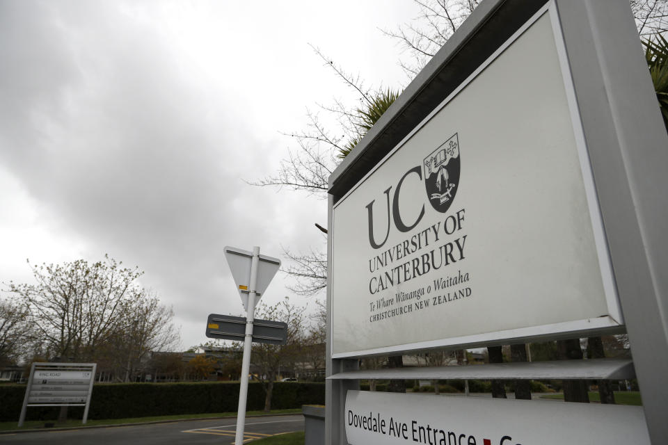 A sign is seen outside student accommodation at Canterbury University in Christchurch, New Zealand, Wednesday, Sept. 25, 2019. New Zealand's education minister called for an investigation Wednesday after reports that a student's body lay undiscovered in a university dorm room for nearly eight weeks. (AP Photo/Mark Baker)