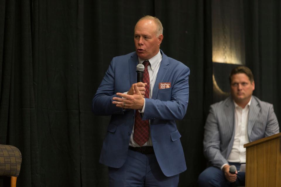 Willie Billings, who ran and lost by just seven votes in the Republican Party primary for Utah's 72nd House District, speaks during a debate hosted by the Washington County Republican Party at the Dixie Convention Center on May 17.