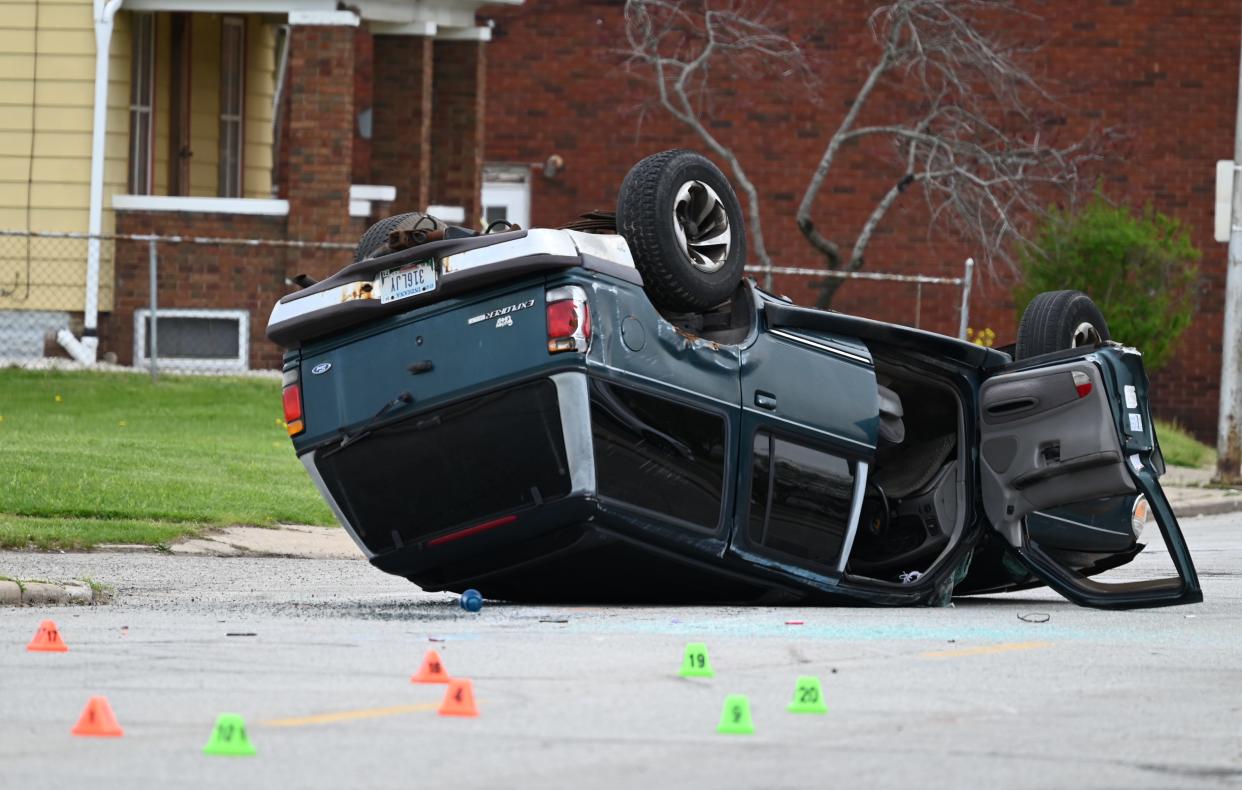 St. Joseph County fatal crash team survey the scene of a crash near Indiana Avenue and Scott Street on April 18, 2024.
