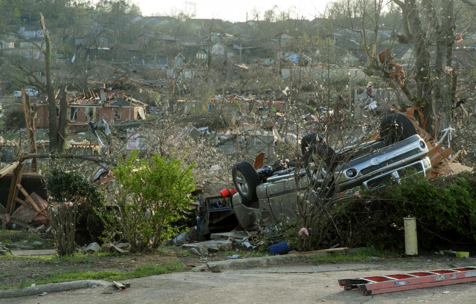 LITTLE ROCK, AR - MARCH 31: Homes damaged by a tornado are seen on March 31, 2023 in Little Rock, Arkansas. Tornados damaged hundreds of homes and buildings Friday afternoon across a large part of Central Arkansas. Governor Sarah Huckabee Sanders declared a state of emergency after the catastrophic storms that hit on Friday afternoon. According to local reports, the storms killed at least three people. (Photo by Benjamin Krain/Getty Images)