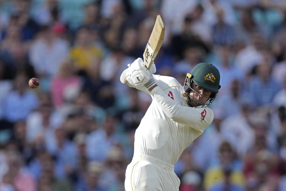 Australia's Todd Murphy plays a shot during the second day of the fifth Ashes Test match between England and Australia at The Oval cricket ground in London, Friday, July 28, 2023. (AP Photo/Kirsty Wigglesworth)