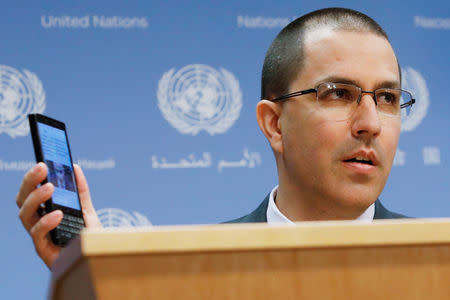 FILE PHOTO: Venezuela Minister of Foreign Affairs Jorge Arreaza displays his cellular device as he delivers remarks in the press briefing room at the United Nations Headquarters in New York, U.S. February 12, 2019. REUTERS/Andrew Kelly/File Photo