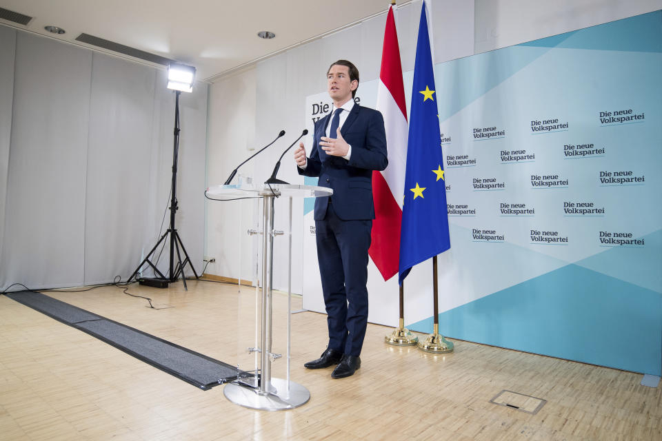 Austrian Chancellor Sebastian Kurz, of the Austrian People's Party, OEVP, addresses the media during a news conference in Vienna, Austria, Monday, May 20, 2019. Austrian Chancellor Sebastian Kurz has called for an early election after the resignation of his vice chancellor Heinz-Christian Strache from the Freedom Party spelled an end to his governing coalition. (AP Photo/Michael Gruber)