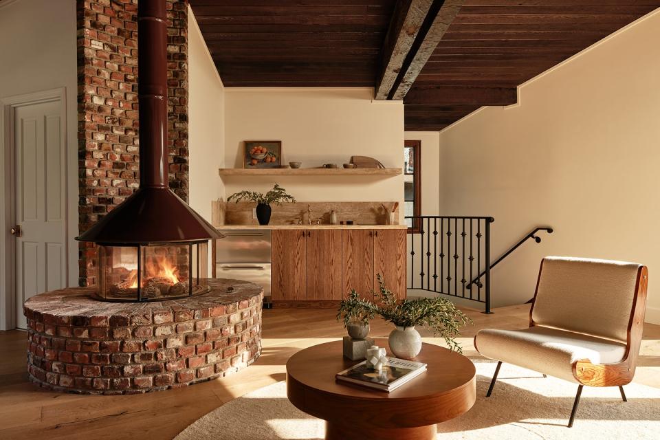 curved mid century fireplace