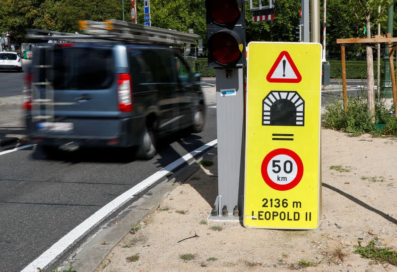 A road sign is pictured at the entrance of the Leopold II tunnel, named after former Belgian King, in central Brussels