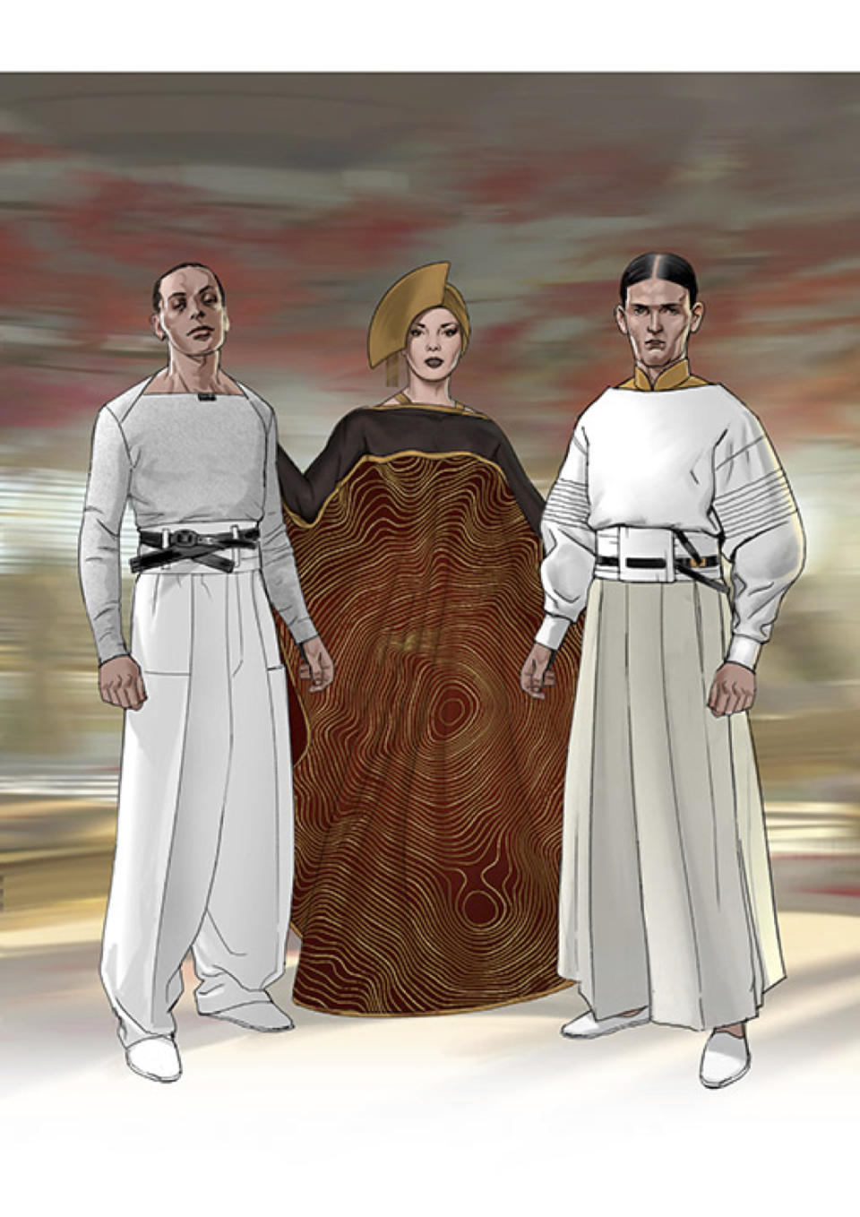 <p>The well-heeled patrons of crime lord Dryden Vos model the universe’s finest threads, as depicted by costume concept artist Adam Brockbank.<br> (Image courtesy of Abrams Books/Lucasfilm Ltd.) </p>
