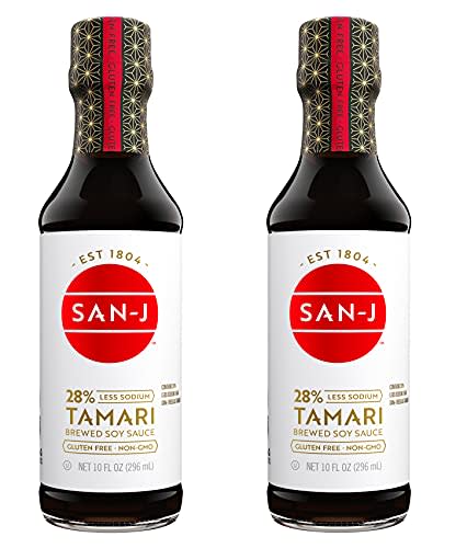 San-J Tamari 28% Less Sodium Soy Sauce - Tamari Sauce, Gluten Free Soy Sauce Less Sodium, Vegan, Non-GMO - 10 Fl Oz, 2-Pack