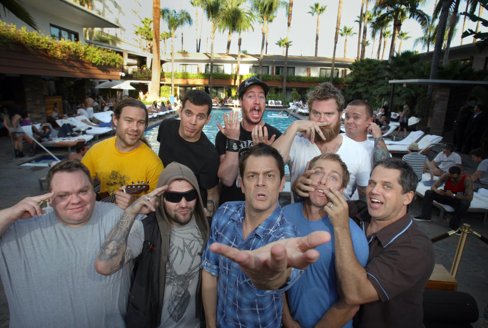 Jackass actors: clockwise from top left: Chris Pontius, SteveO, Ehren McGhehey, Ryan Dunn, Jason "Wee Man" Acuna, Jeff Tremaine, Dave England, Johnny Knoxville, Bam Margera, and Preston Lacy at the Roosevelt Hotel in Hollywood.  (Photo by Allen J. Schaben/Los Angeles Times via Getty Images)