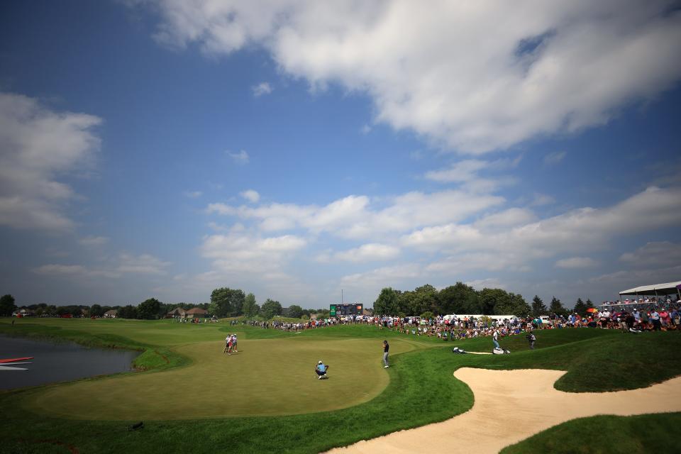 Akshay Bhatia lines up a putt on the ninth green during the second round of the 2024 3M Open at TPC Twin Cities. (Mike Ehrmann/Getty Images)