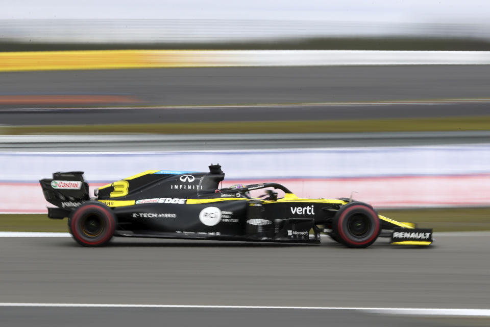 Renault driver Daniel Ricciardo of Australia steers his car during the Eifel Formula One Grand Prix at the Nuerburgring racetrack in Nuerburg, Germany, Sunday, Oct. 11, 2020. (AP Photo/Matthias Schrader, Pool)