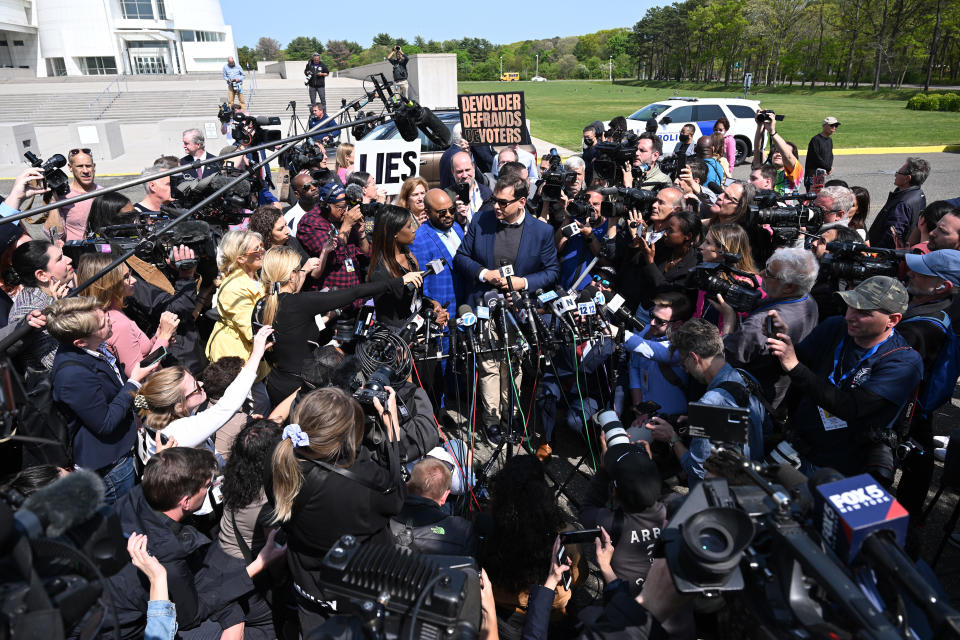 Republican lawmaker George Santos speaks to media after he leaves Federal Court on May 10, 2023 in Central Islip, New York. (Lokman Vural Elibol/Anadolu Agency via Getty Images)