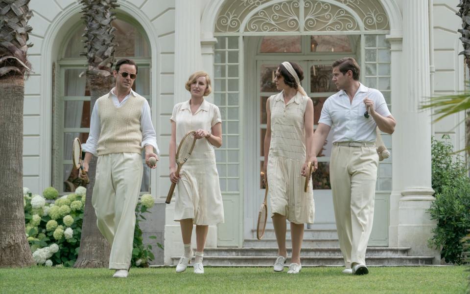 Downton Abbey: A New Era. Left to right - Harry Hadden-Paton (as Bertie Pelham), Laura Carmichael (Lady Edith), Tuppence Middleton (Lucy Smith) and Allen Leech (Tom Branson) - Focus Features