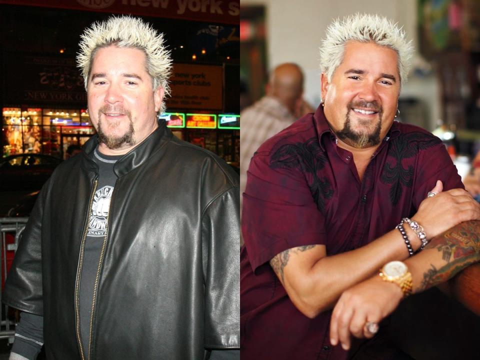 On the left, Guy Fieri in a black leather jacket. On the right, him in a red button down.