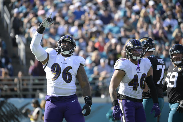 Jacksonville Jaguars safety Andre Cisco (5) breaks up a pass intended for  Baltimore Ravens tight end Mark Andrews (89) during the second half of an  NFL football game, Sunday, Nov. 27, 2022