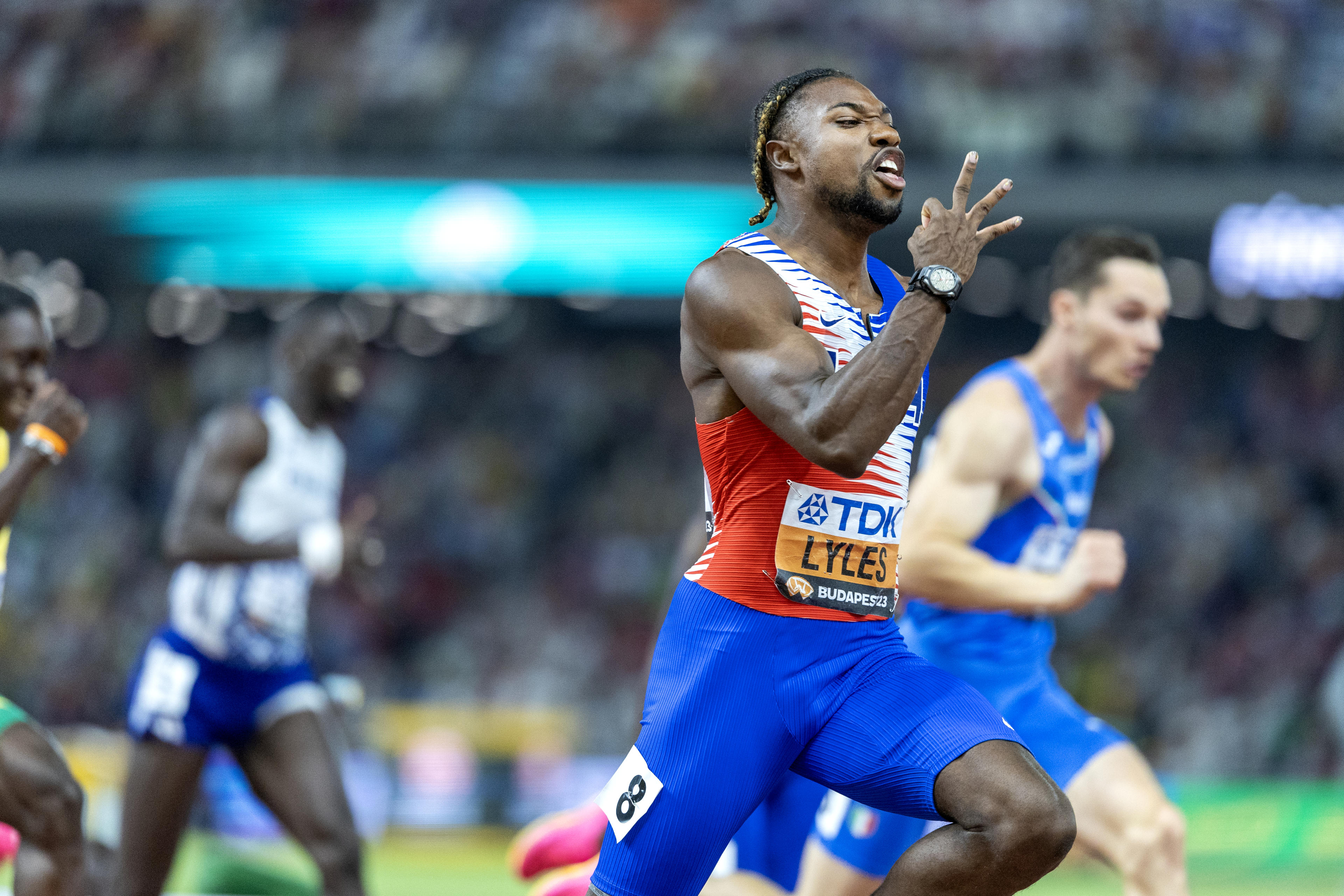 BUDAPEST, HUNGARY:  August 26: Noah Lyles of the United States brings home the United States team and celebrates his third gold medal of the World Championships as he crosses the finish line in the Men's 4x100m Relay during the World Athletics Championships, at the National Athletics Centre on August 26th, 2023 in Budapest, Hungary. (Photo by Tim Clayton/Corbis via Getty Images)