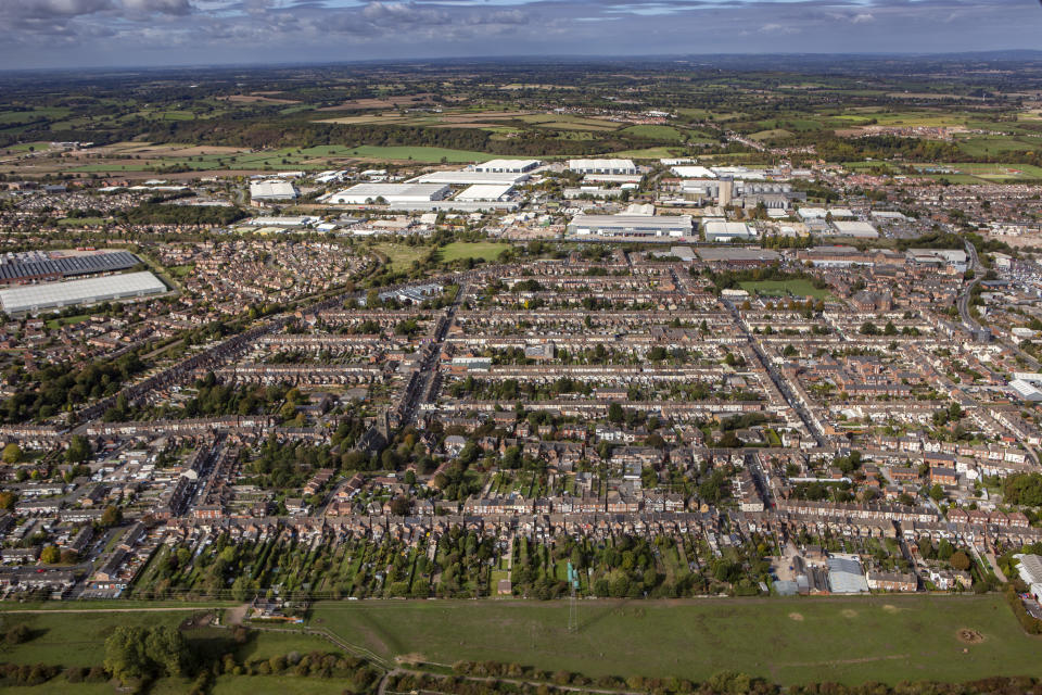 STAFFORDSHIRE, UNITED KINGDOM. OCTOBER 2018. An aerial photograph of Burton upon Trent, Staffordshire on October 1st 2018. This  north midlands indusrtial town is located on the River Trent and the Trent and Mersey Canal, 10 miles south east of Derby. Aerial Photograph by David Goddard