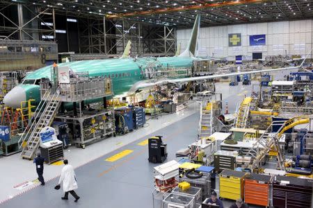 A Boeing 737 MAX plane is seen during a media tour of the Boeing plant in Renton, Washington December 7, 2015. REUTERS/Matt Mills McKnight/File Photo