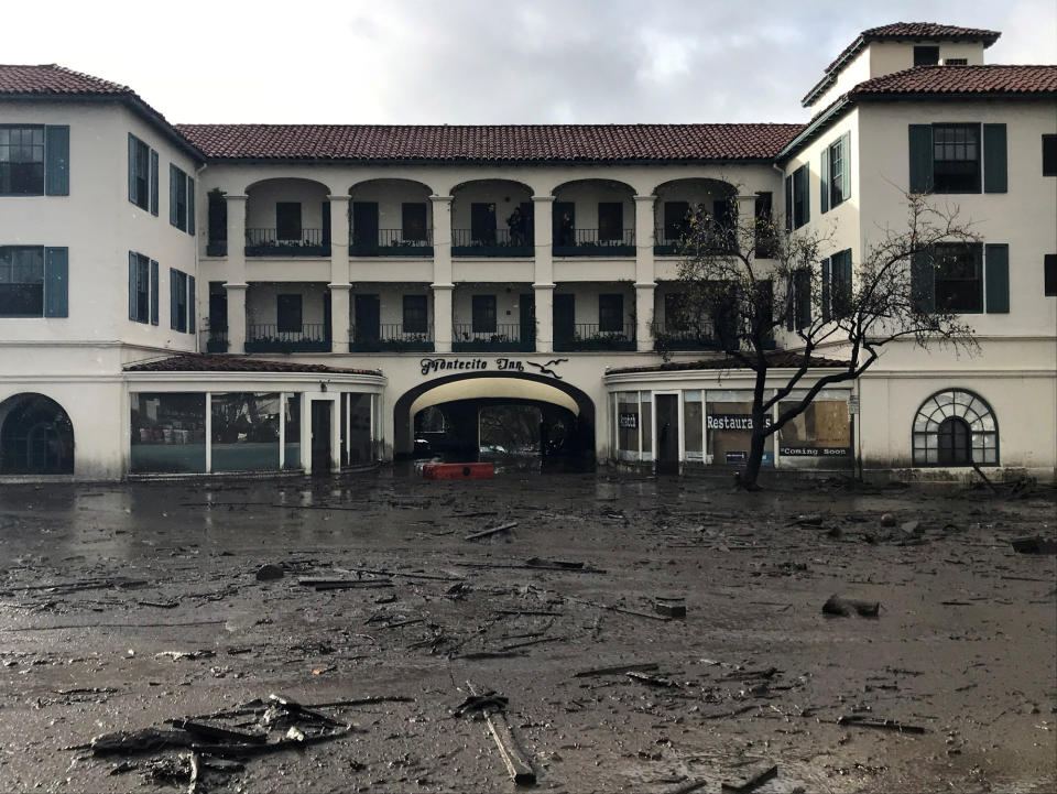 Water, mud and debris engulfed the first floor on the Montecito Inn in Montecito, California.