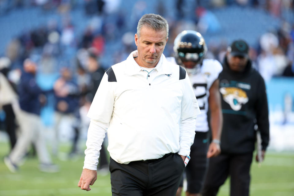 NASHVILLE, TENNESSEE - DECEMBER 12: Head coach Urban Meyer of the Jacksonville Jaguars reacts after the game against the Tennessee Titans at Nissan Stadium on December 12, 2021 in Nashville, Tennessee. (Photo by Andy Lyons/Getty Images)