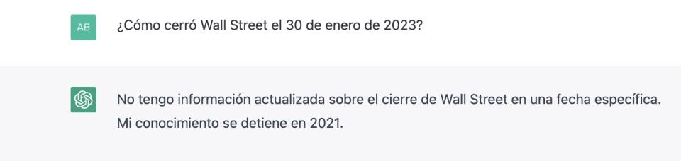 Respuesta de ChatGPT a la pregunta: ¿Cómo cerró Wall Street el 30 de enero de 2023?