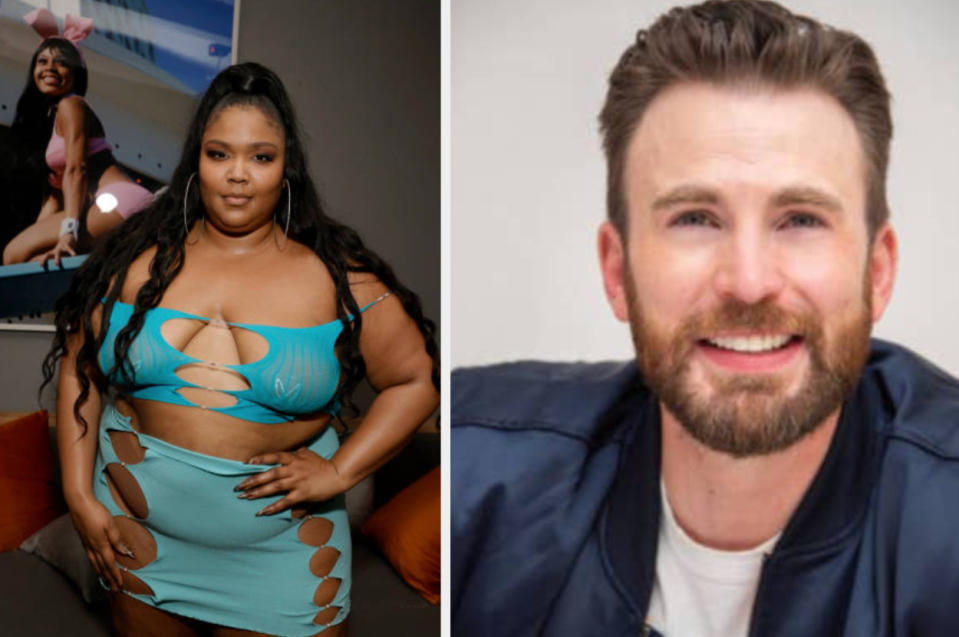 left: Lizzo poses at the December 2021 Playboy celebrates BIGBUNNY Launch, right: Chris Evans smiles at a "Knives Out" press conference in 2019