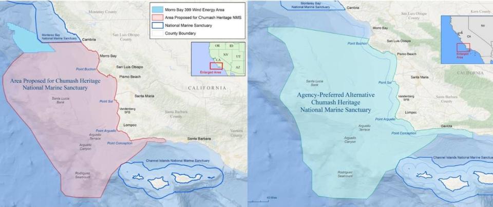 On the left is U.S. Representatives Salud Carbajal and Julia Brownley’s preferred boundary for the proposed Chumash Heritage National Marine Sanctuary. On the right is the boundary proposed by NOAA.