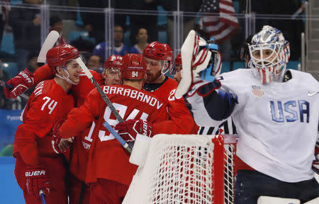 Ice Hockey - Pyeongchang 2018 Winter Olympics - Men's Preliminary Round Match - Olympic Athletes from Russia v U.S. - Gangneung Hockey Centre, Gangneung, South Korea - February 17, 2018 - Olympic Athlete from Russia Nikolai Prokhorkin celebrates a goal with team mates. REUTERS/Grigory Dukor