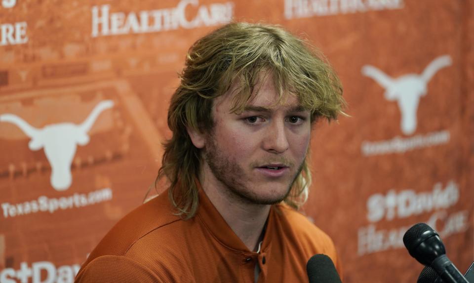 New Texas quarterback Quinn Ewers talks to the media following a spring practice on April 14. Ewers comes to Texas having already signed NIL endorsement deals reported to be in the neighborhood of $1.4 million.