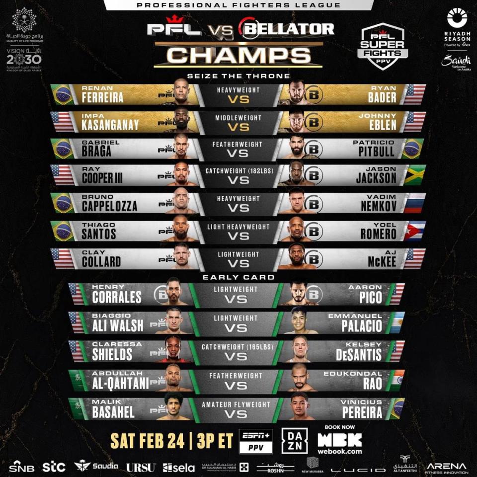 “PFL vs. Bellator: Champs” features top MMA fighters from PFL against top MMA fighters from Bellator on Saturday, Feb. 24 from Saudi Arabia.