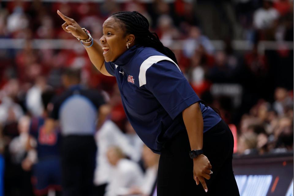 Mississippi coach Yolett McPhee-McCuin gestures during the first half of the team's second-round college basketball game against Stanford.