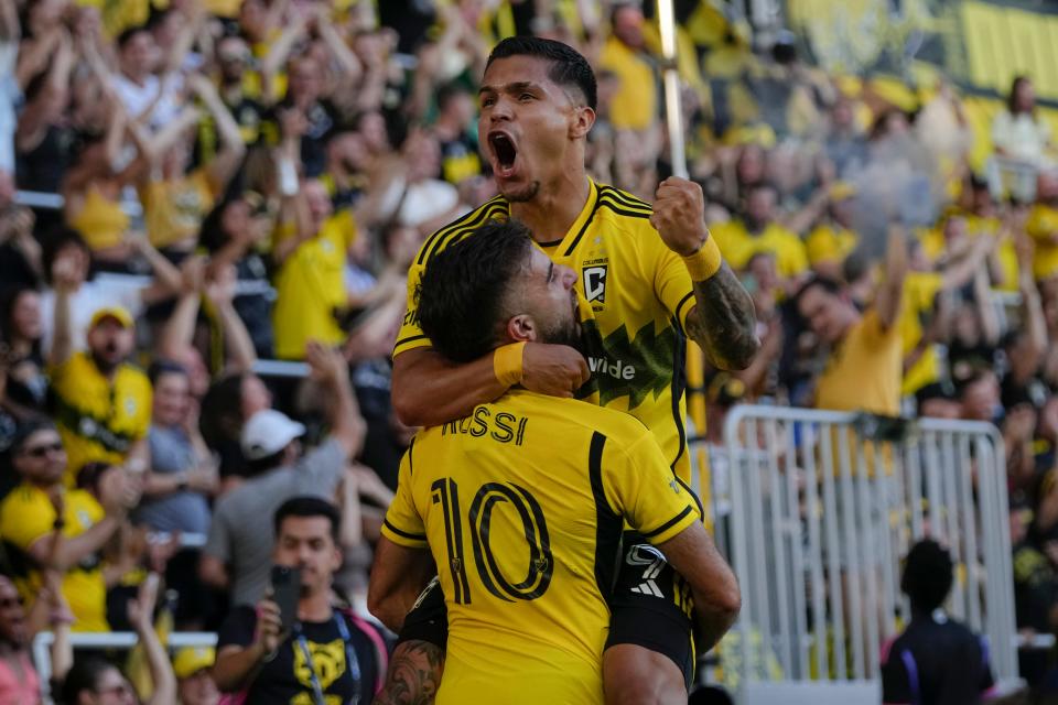 Jul 6, 2024; Columbus, OH, USA; Columbus Crew forward Cucho Hernandez (9) celebrates a goal with forward Diego Rossi (10) during the first half of the MLS soccer match at Lower.com Field. The Crew won 4-0.