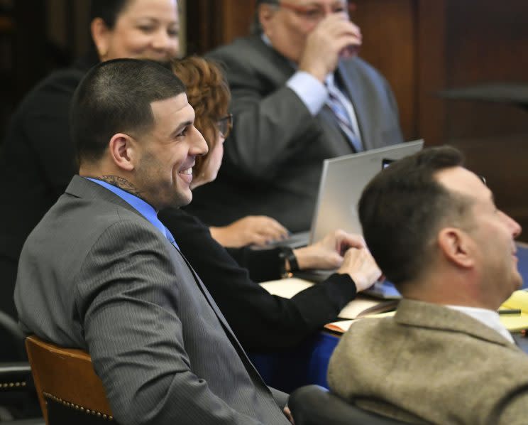 Parts of Shayanna Jenkins-Hernandez's testimony drew a smile from Aaron Hernandez, who is facing a double murder charge. (AP)