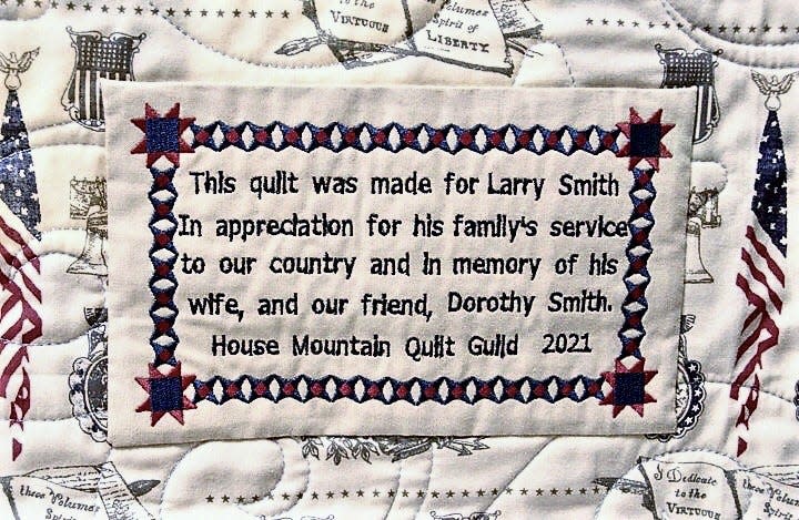 The quilt label on Larry Smith’s Quilt of Honor. Dec. 2, 2021.