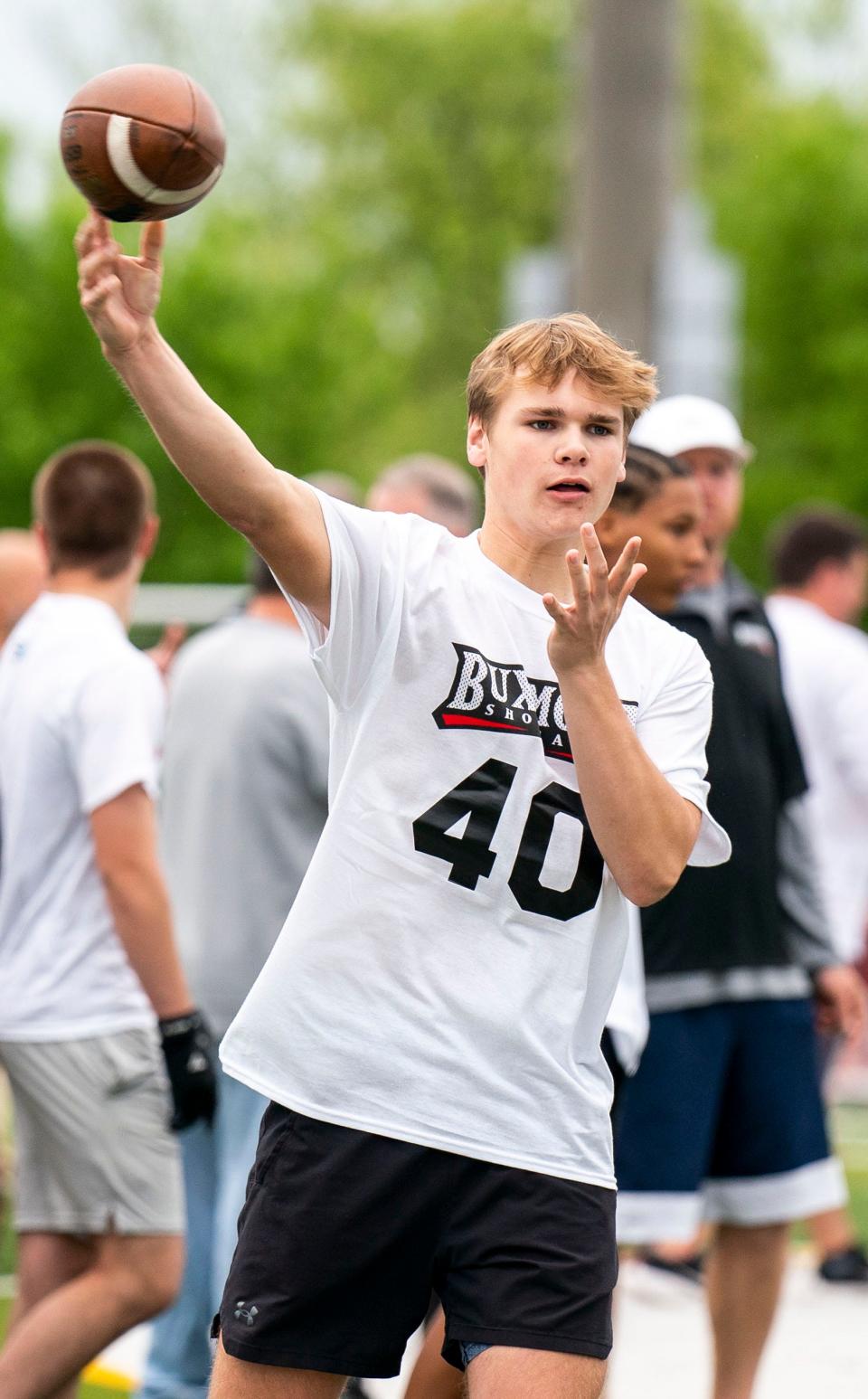 Souderton sophomore quarterback Ben Walsh throws during a practice at Thursday's BuxMont Football Showcase.