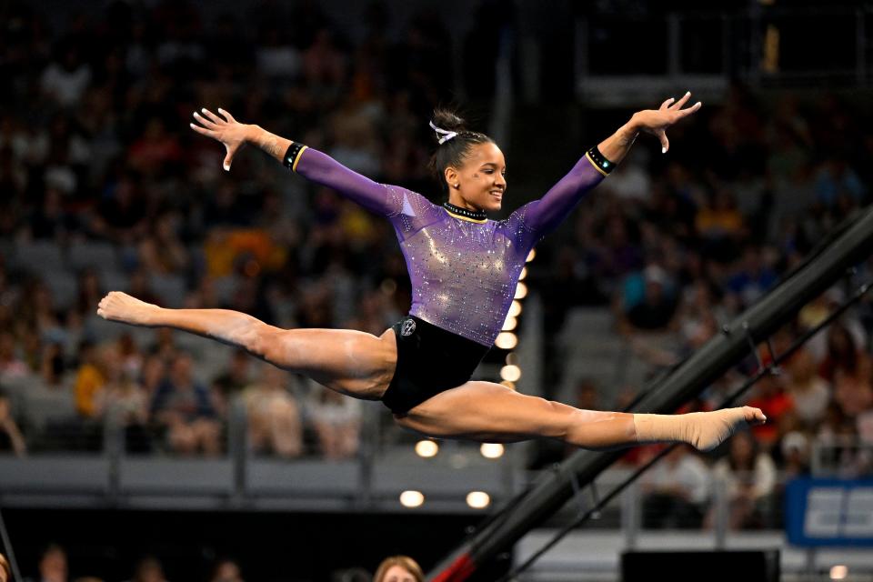 Apr 15, 2023; Fort Worth, TX, USA; LSU Tigers gymnast Haleigh Bryant performs on floor during the NCAA Women's National Gymnastics Tournament Championship at Dickies Arena. Mandatory Credit: Jerome Miron-USA TODAY Sports