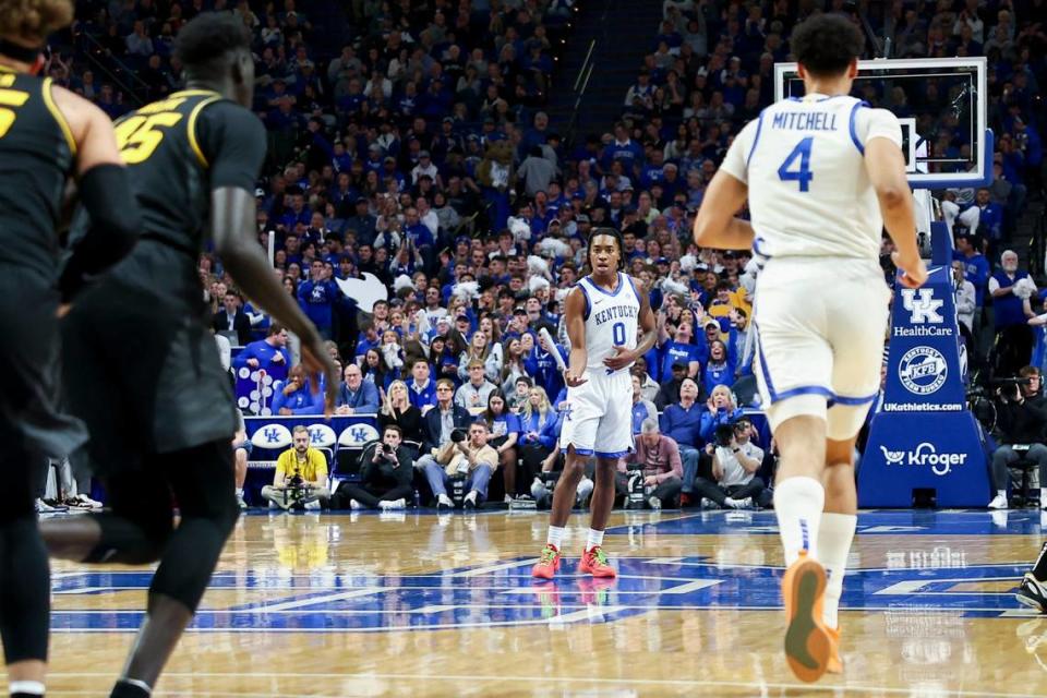 Rob Dillingham celebrates after making one of his three 3-point baskets against Missouri on Tuesday night.