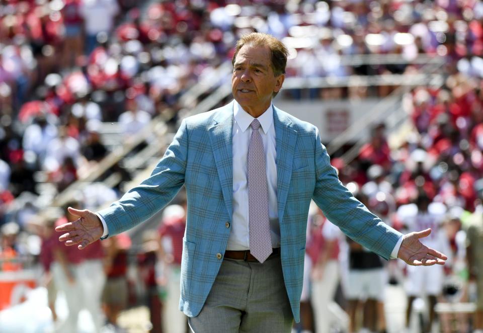 Apr 22, 2023; Tuscaloosa, AL, USA;  Alabama head coach Nick Saban has some words for the Crimson defense after they allowed a long touchdown run during the A-Day game at Bryant-Denny Stadium. 