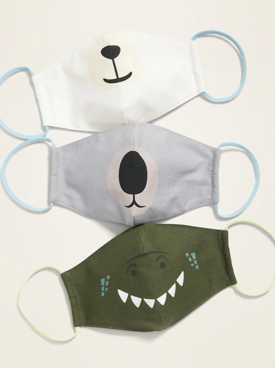 Variety 3-Pack of Triple-Layer Cloth Critter Face Masks (with Laundry Bag) for Kids in Polar Bear/Koala/Green Dinosaur