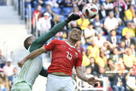 <p>Sweden goalkeeper Robin Olsen, left, defends against Switzerland’s Blerim Dzemaili during the round of 16 match between Switzerland and Sweden at the 2018 soccer World Cup in the St. Petersburg Stadium, in St. Petersburg, Russia, Tuesday, July 3, 2018. (AP Photo/Martin Meissner) </p>