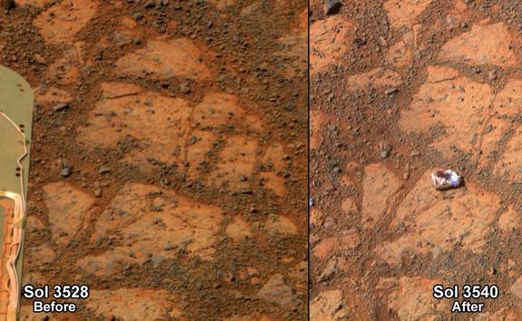 This before-and-after pair of images of the same patch of ground in front of NASA's Mars Rover Opportunity 13 days apart documents the arrival of a strange, bright rock at the scene. The rock, called "Pinnacle Island," is seen in the right imag