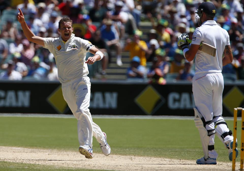 Australia's Peter Siddle (L) celebrates after taking the wicket of England's Kevin Pietersen during the third day of the second Ashes test cricket match at the Adelaide Oval December 7, 2013.