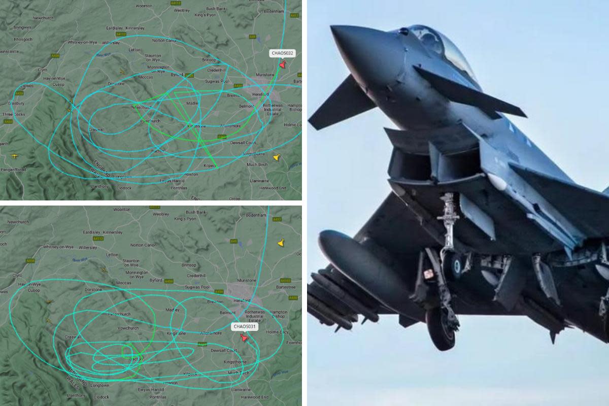 The two routes taken by Eurofighter Typhoons were all around Herefordshire <i>(Image: Flight Radar / PA)</i>