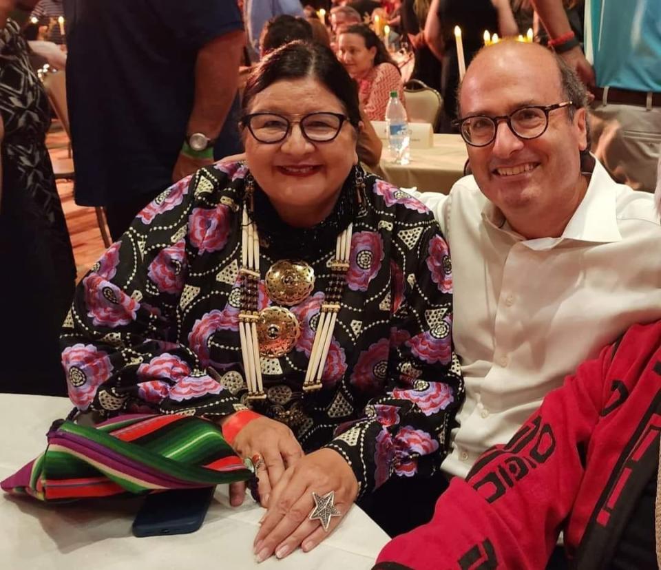 Osage Nation citizen Danette Daniels, left, poses for a photo with "Killers of the Flower Moon" author David Grann on July 8 at a premiere event for the Martin Scorsese's film adaptation of Grann's book.