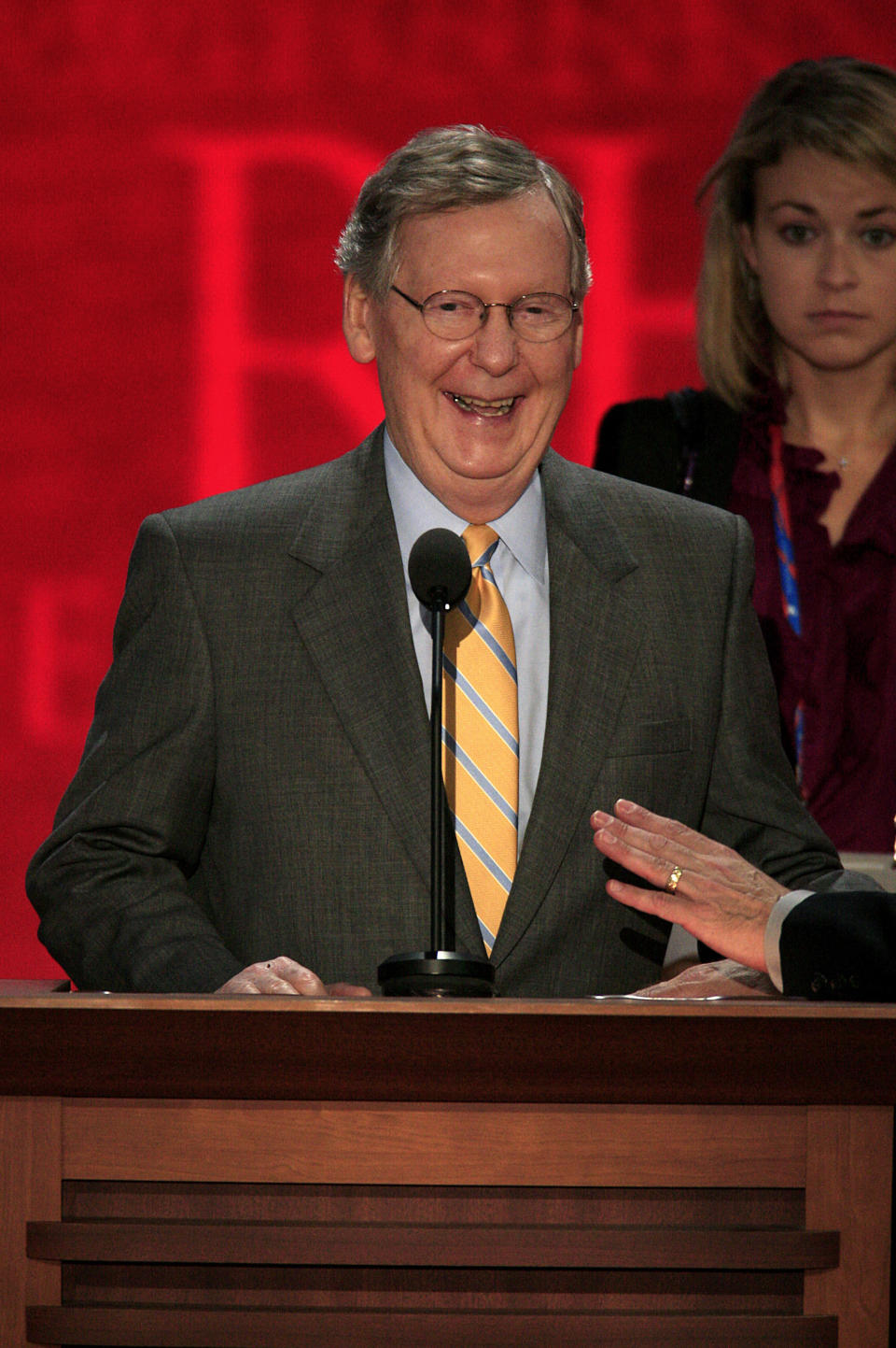 McConnell smiles during sound check at the Republican National Convention (RNC) in Tampa, Fla., Aug 27, 2012. (Scott Eells/Bloomberg via Getty)