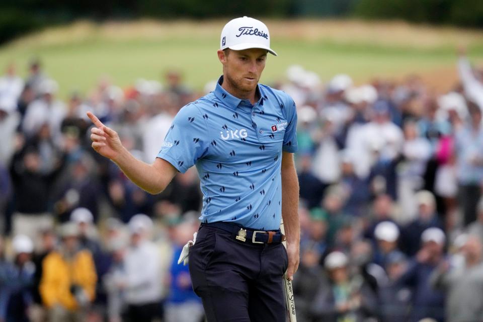 Will Zalatoris reacts after a putt on the ninth hole during the final round of the U.S. Open golf tournament at The Country Club, Sunday, June 19, 2022, in Brookline, Mass. (AP Photo/Charlie Riedel)