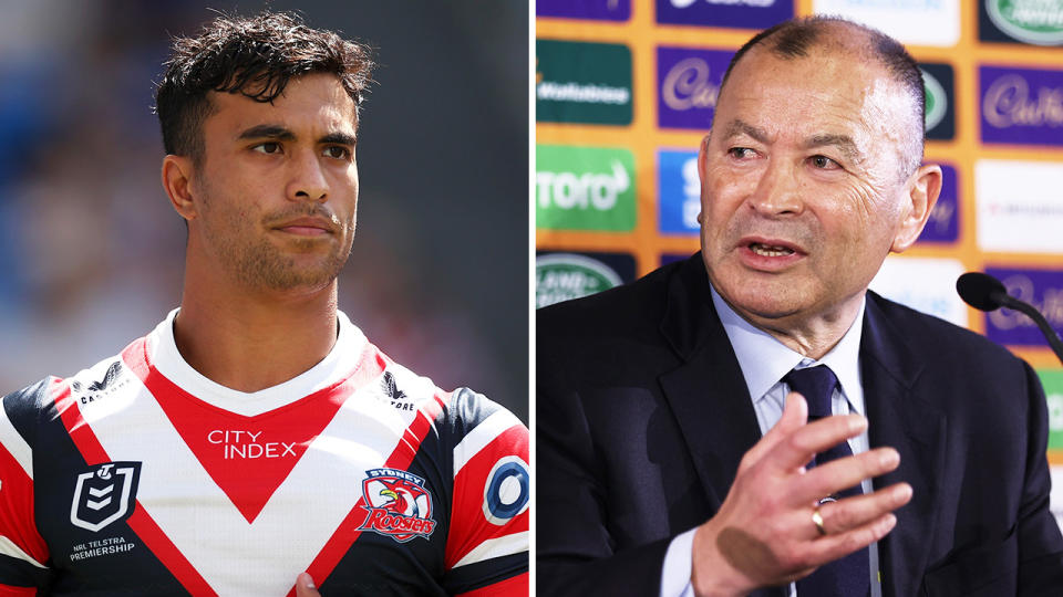 Joseph Suaalii during a game and Eddie Jones during a press conference.