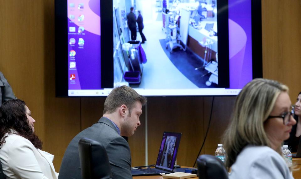 Christopher Gregor gets emotional tears Wednesday May 29, 2024, as video is shown of him outside the Southern Ocean County Medical Center room where his son had just died. Gregor is charged with the 2021 murder and child endangerment of his 6-year-old son Corey Micciolo.