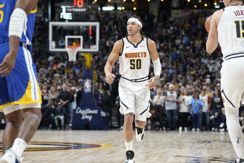 Denver Nuggets forward Aaron Gordon (50) in the first half of an NBA basketball game Monday, Dec. 25, 2023, in Denver. (AP Photo/David Zalubowski)